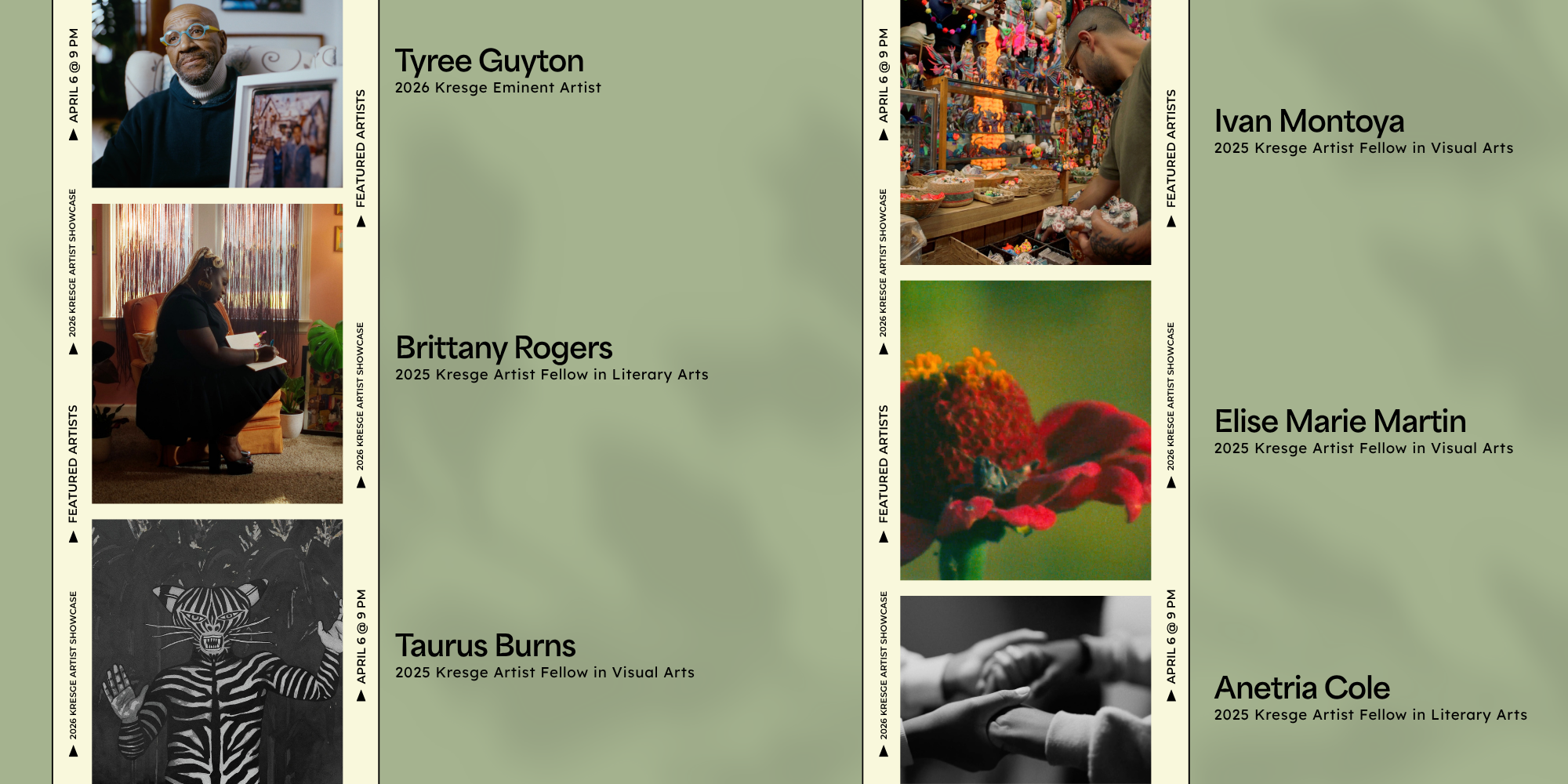 Promotional graphic for the 2026 Kresge Artist Showcase. Artists featured in graphic include Tyree Guyton, Brittany Rogers, Taurus Burns, Ivan Montoya, Elise Marie Martin, and Anetria Cole.