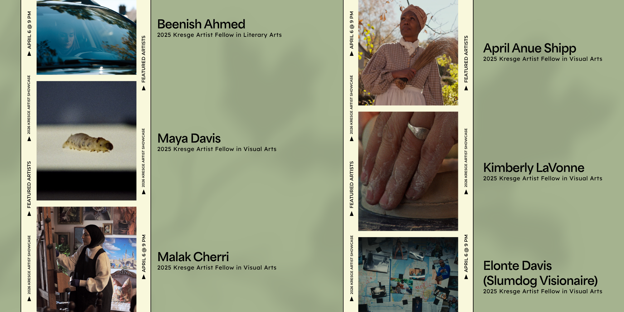 Promotional graphic for the 2026 Kresge Artist Showcase. Artists featured in graphic include Beenish Ahmed, Maya Davis, Malak Cherri, April Anue Shipp, Kimberly LaVonne, and Elonte Davis (Slumdog Visionaire).