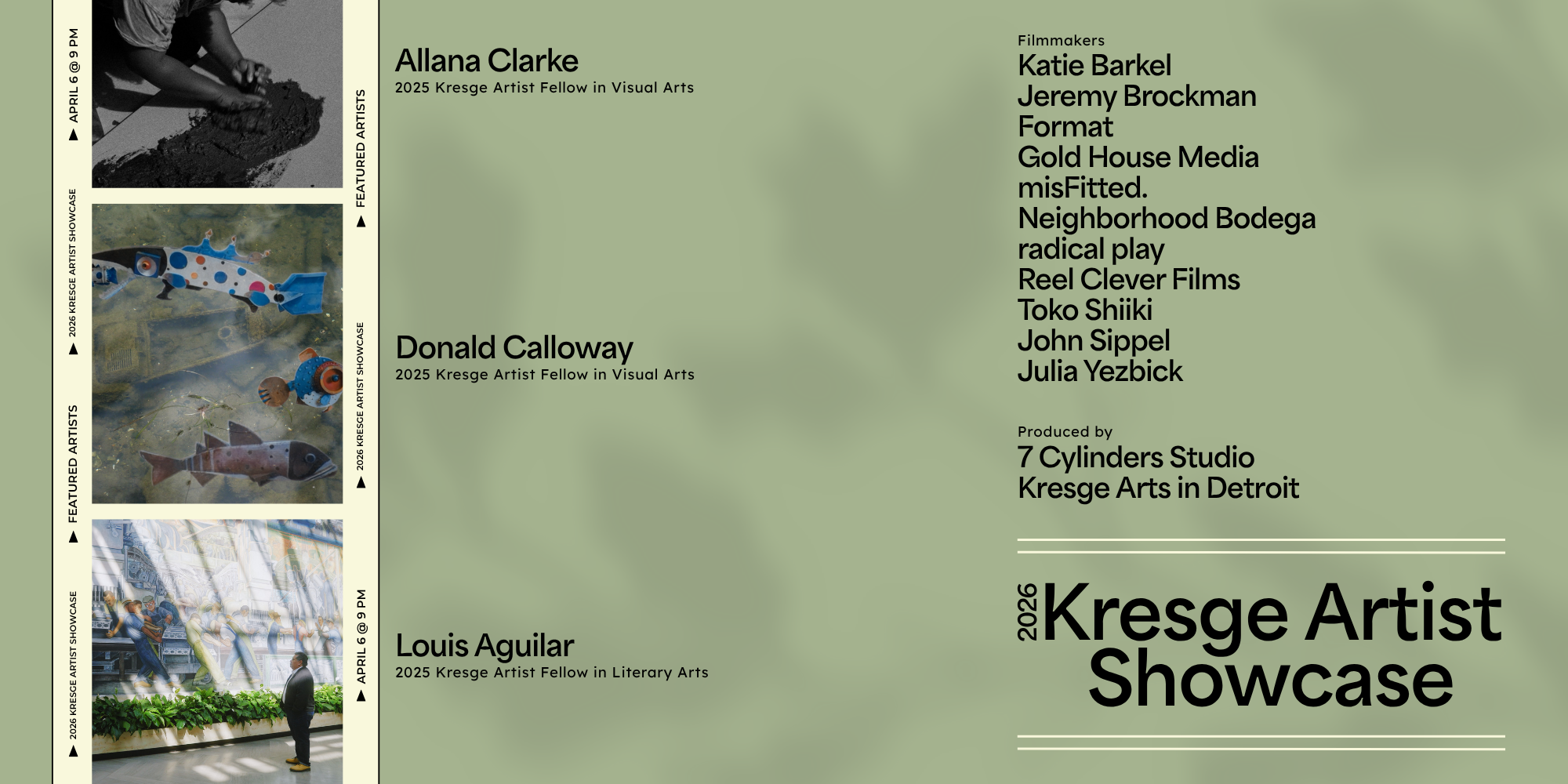 Promotional graphic for the 2026 Kresge Artist Showcase. Artists featured in graphic include Allana Clarke, Donald Calloway, and Louis Aguilar.