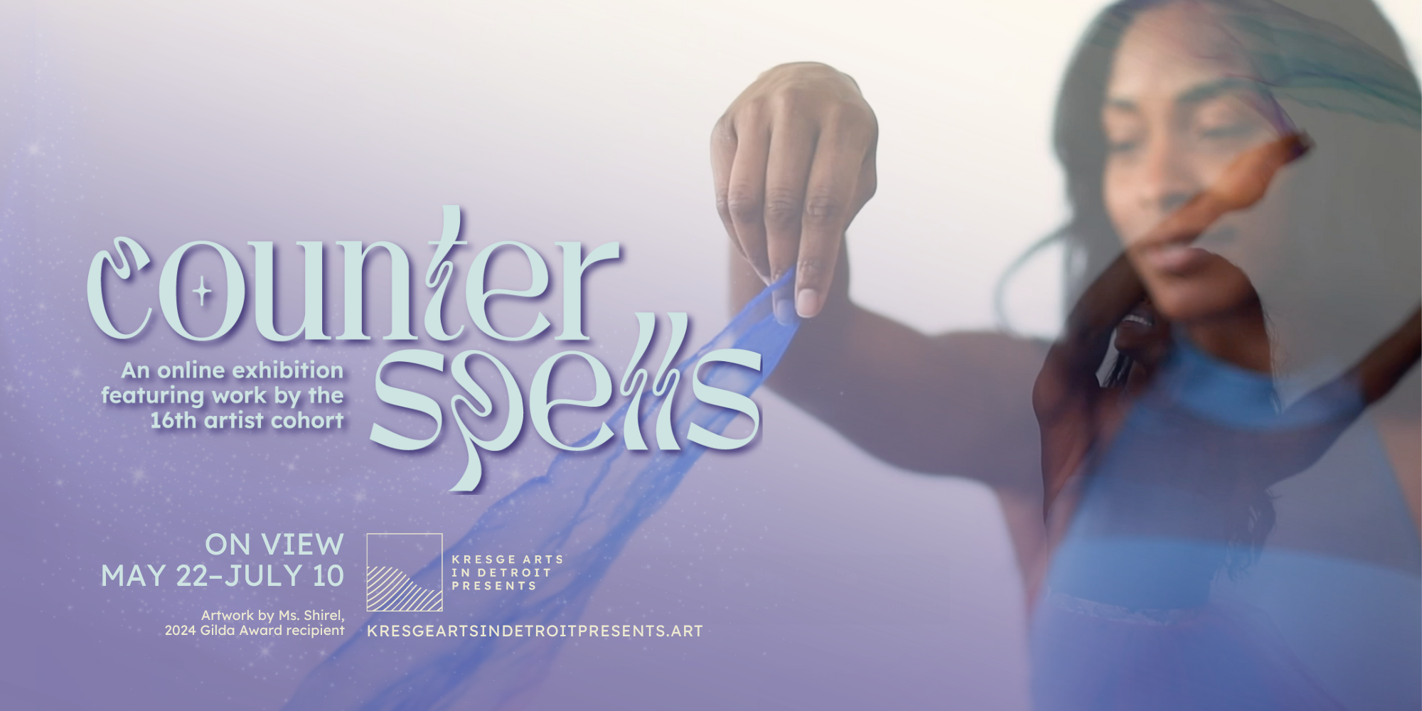 Promotional graphic for "Counterspells: An online exhibition featuring work by the 16th artist cohort." Graphic features work by Ms. Shirel, 2024 Gilda Award recipient.
