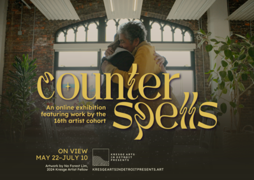 Promotional graphic for "Counterspells: An online exhibition featuring work by the 16th artist cohort." Graphic features work by Na Forest Lim, 2024 Kresge Artist Fellow.