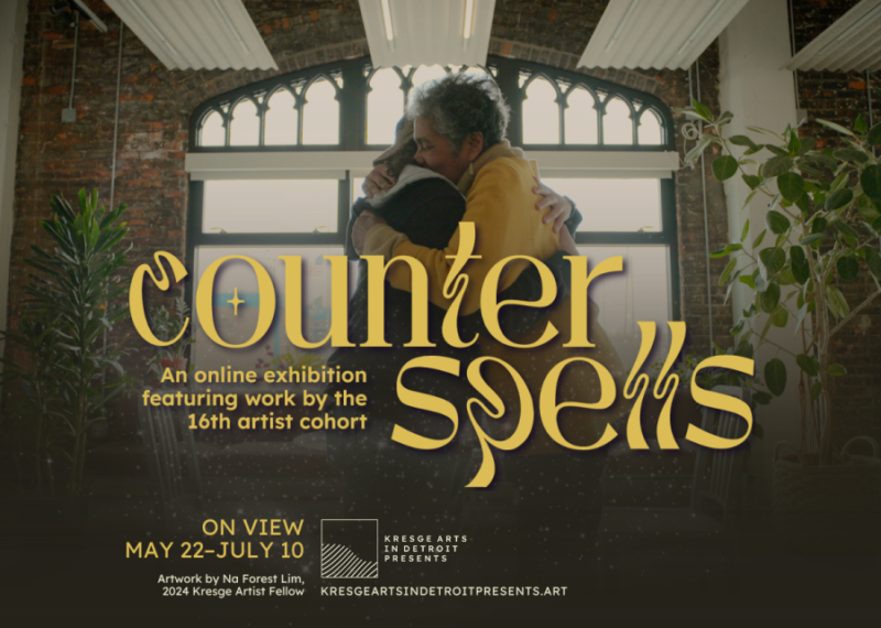Promotional graphic for "Counterspells: An online exhibition featuring work by the 16th artist cohort." Graphic features work by Na Forest Lim, 2024 Kresge Artist Fellow.