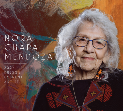 Stylized graphic of 2024 Kresge Eminent Artist Nora Chapa Mendoza in front of her painting "The Four Directions"