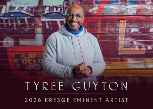 Tyree Guyton posed against a painted garage door mural. Text reads “Tyree Guyton, 2026 Kresge Eminent Artist.”