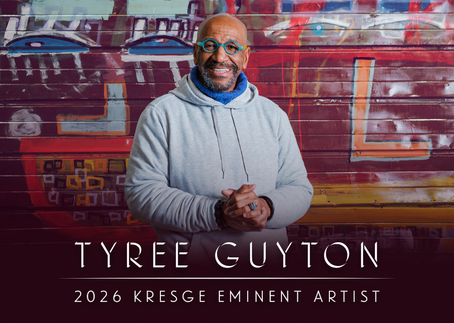 Tyree Guyton posed against a painted garage door mural. Text reads “Tyree Guyton, 2026 Kresge Eminent Artist.”
