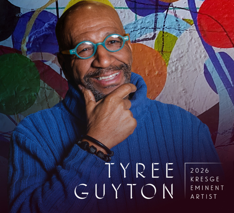 Tyree Guyton against a background of multicolored painted circles. Text reads “Tyree Guyton, 2026 Kresge Eminent Artist.”