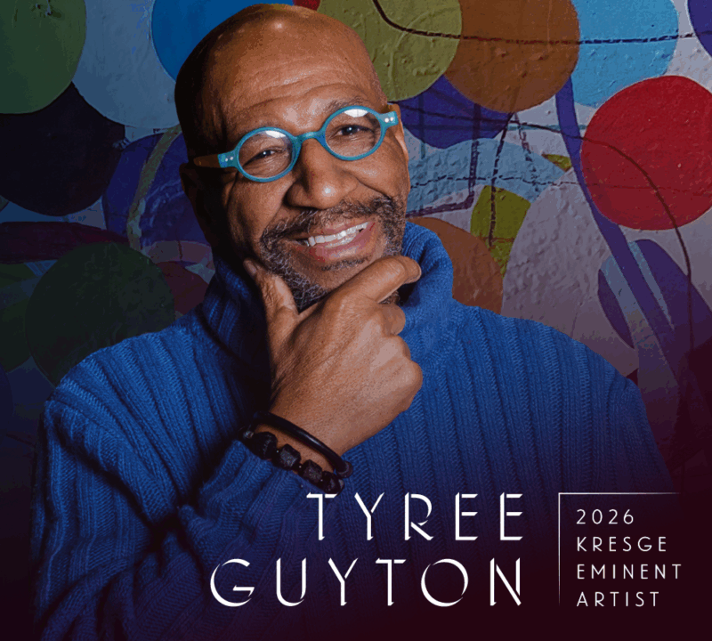 Tyree Guyton against a background of multicolored painted circles. Text reads “Tyree Guyton, 2026 Kresge Eminent Artist.”