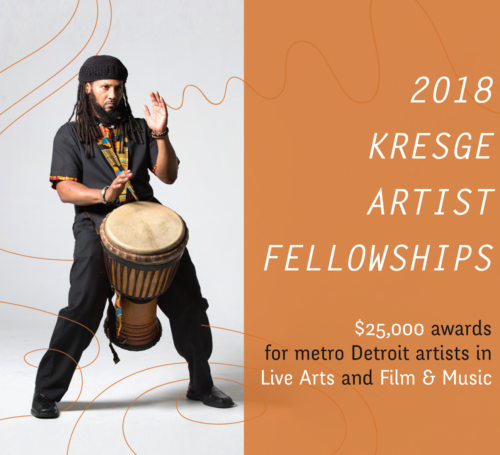 Graphic promoting the 2018 Kresge Artist Fellowship application cycle. Features Chi Amen-Ra