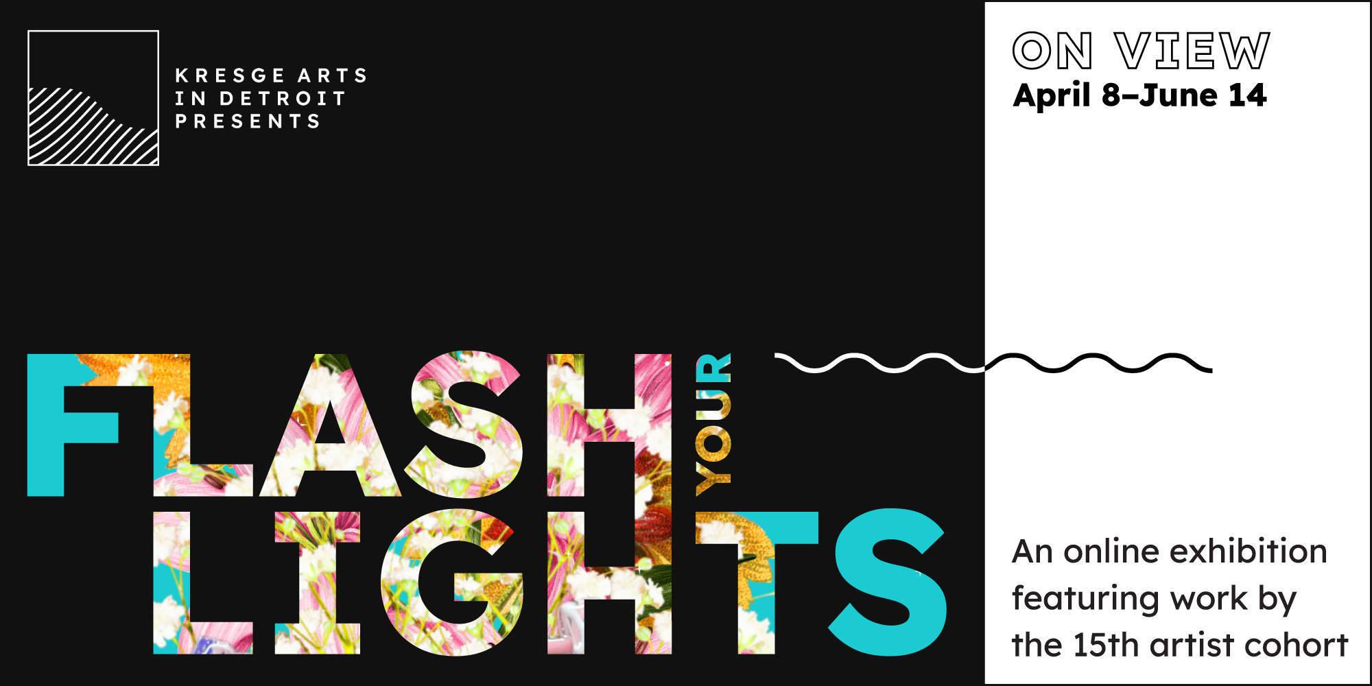 Graphic promoting Flash Your Lights, an online exhibition featuring work by 2023 Kresge Artist Fellows.