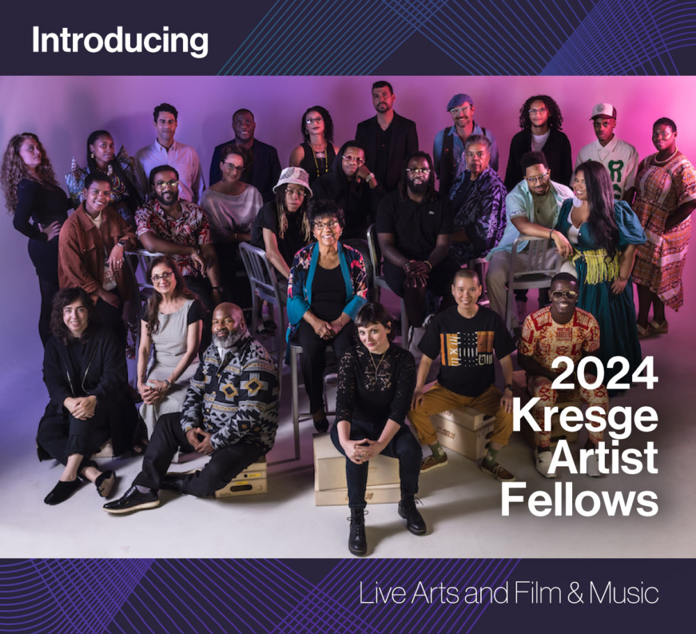 Graphic introducing the 2024 Kresge Artist Fellows with a group photo