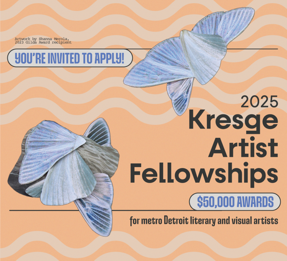 Promotional graphic for the 2025 Kresge Artist Fellowships application cycle featuring artwork by Shanna Merola, 2023 Gilda Award recipient