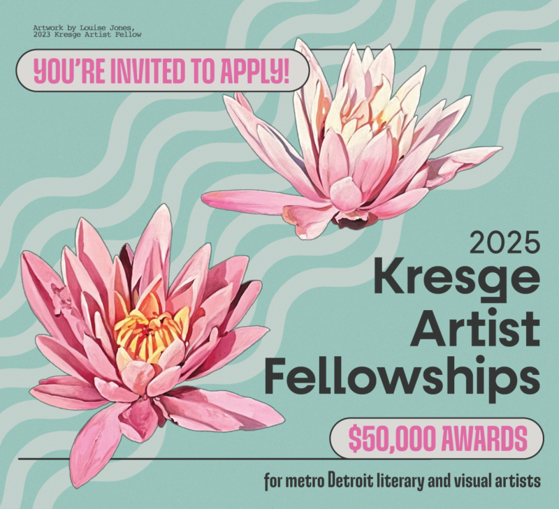 Promotional graphic for the 2025 Kresge Artist Fellowships application cycle featuring artwork by Louise Jones, 2023 Kresge Artist Fellow, and poetry by Joel Fluent Greene, 2022 Gilda Award recipient