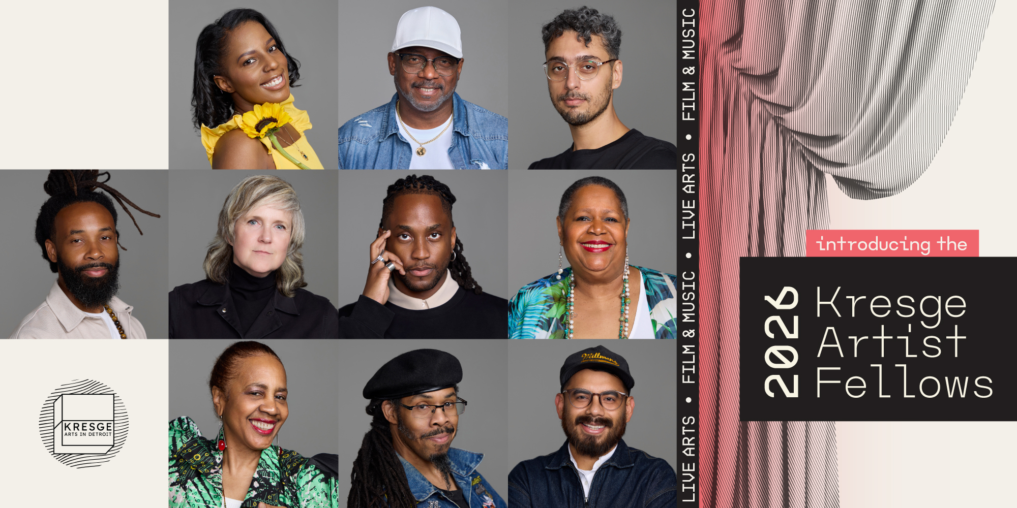 Announcement graphic featuring photos of the 2026 Kresge Artist Fellows