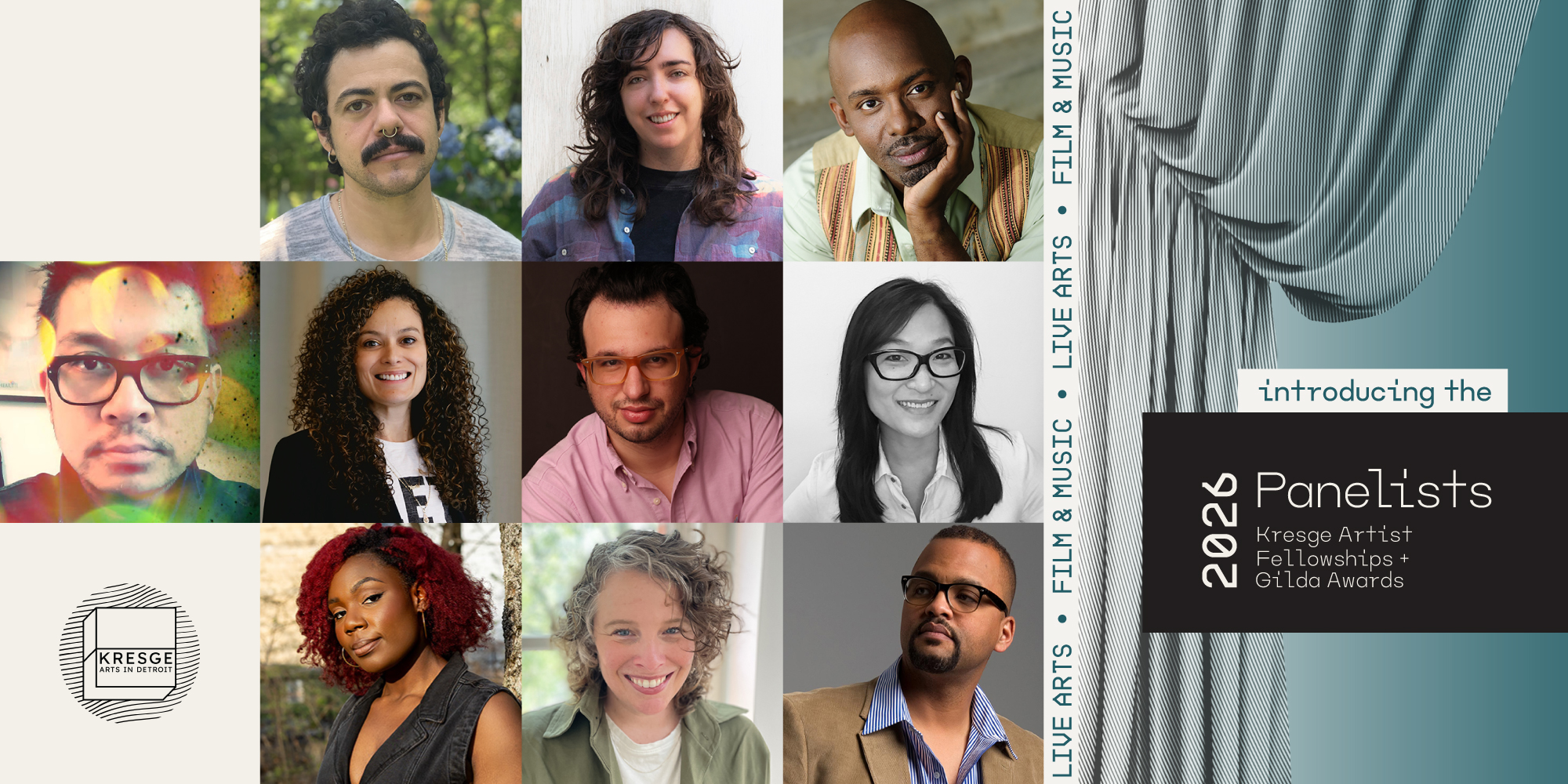 Announcement graphic featuring photos of the 2026 Kresge Artist Fellowship panelists