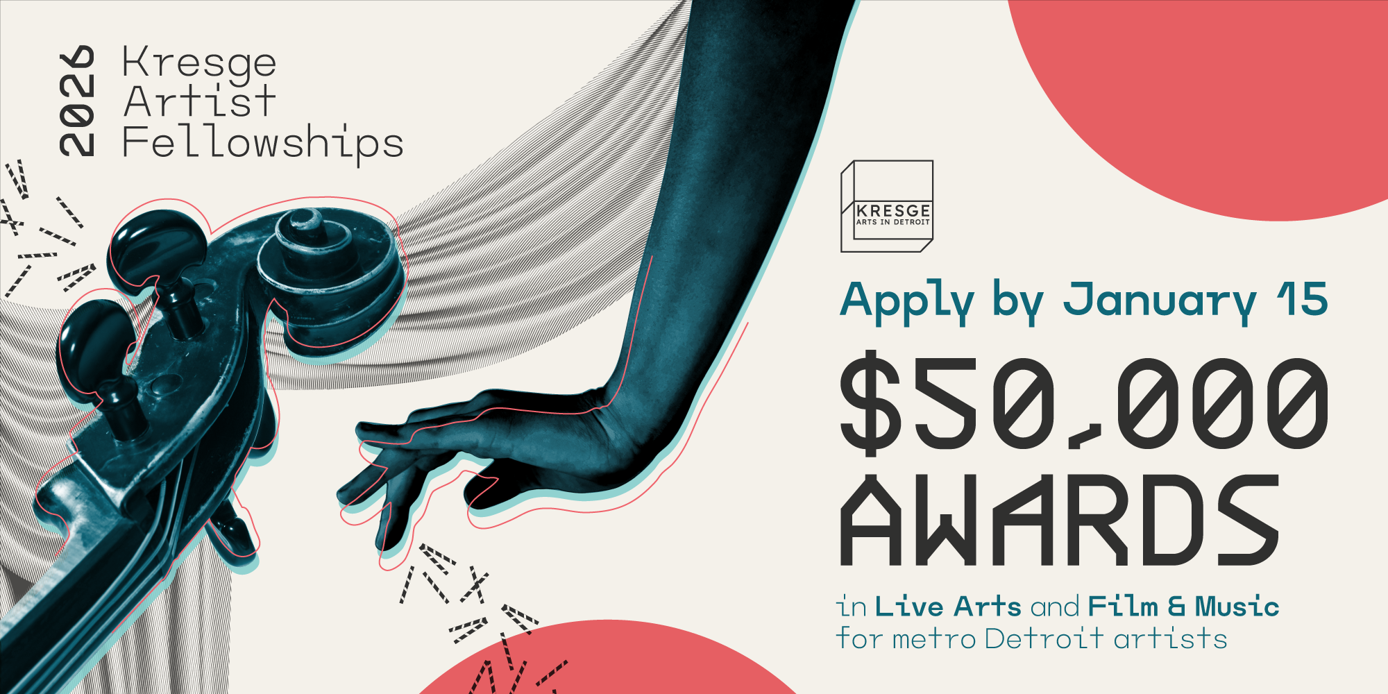 Promotional graphic for the 2026 Kresge Artist Fellowships in Live Arts and Film & Music application cycle