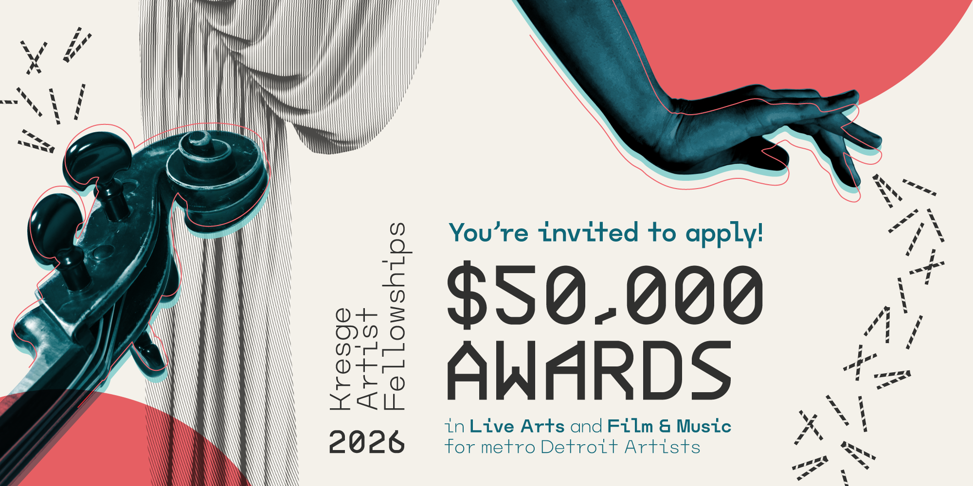 Promotional graphic for the 2026 Kresge Artist Fellowships in Live Arts and Film & Music application cycle