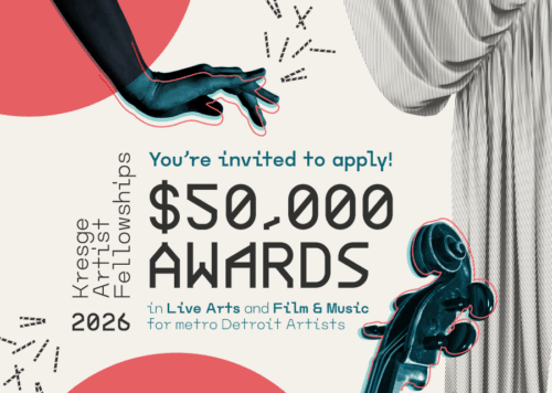 Promotional graphic for the 2026 Kresge Artist Fellowships in Live Arts and Film & Music application cycle