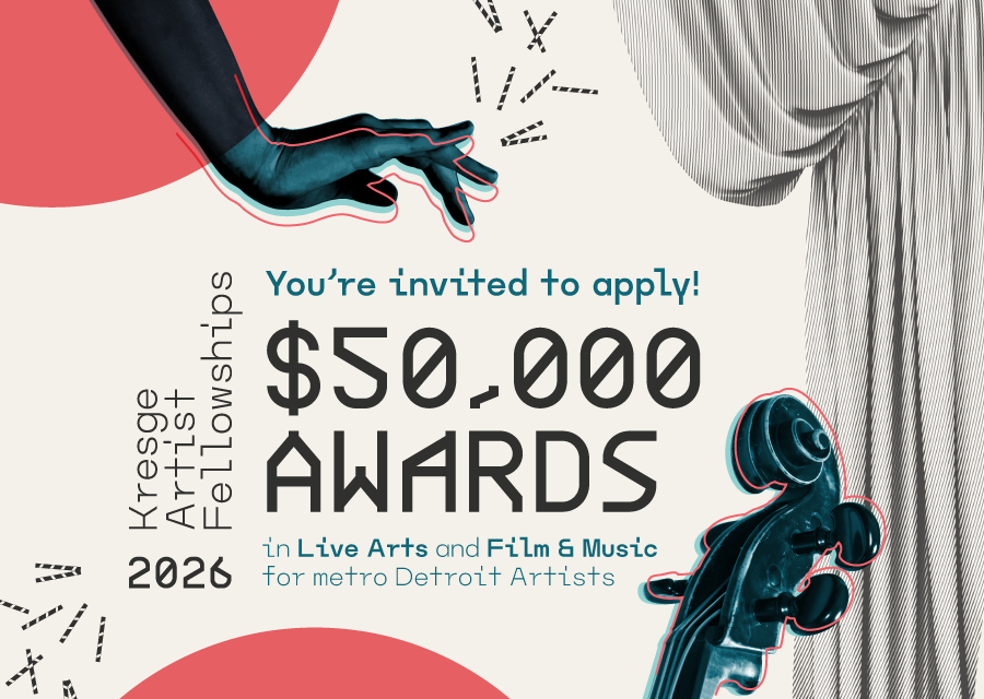 Promotional graphic for the 2026 Kresge Artist Fellowships in Live Arts and Film & Music application cycle
